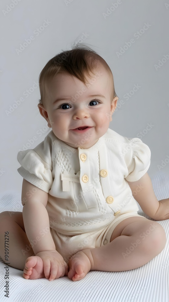 An adorable baby in a cute outfit is sitting on a soft white blanket and looking at the camera with a happy expression An adorable baby in a cute outfit is sitting on a soft white blanket and looking at the camera with a happy expression