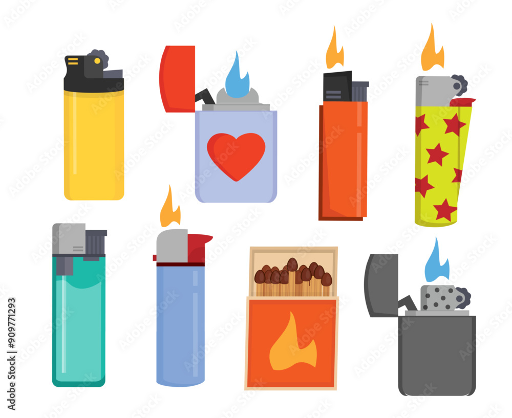 lighters set. fuel gasoline flaming heat lighters collection, cartoon flat burning accessory, smoking fire and light plastic equipment. vector cartoon objects set. lighters set. fuel gasoline flaming heat lighters collection, cartoon flat burning accessory, smoking fire and light plastic equipment. vector cartoon objects set.