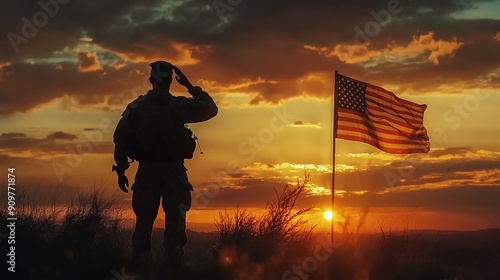 A silhouette of an American soldier saluting while holding the flag, with sunset in the background.