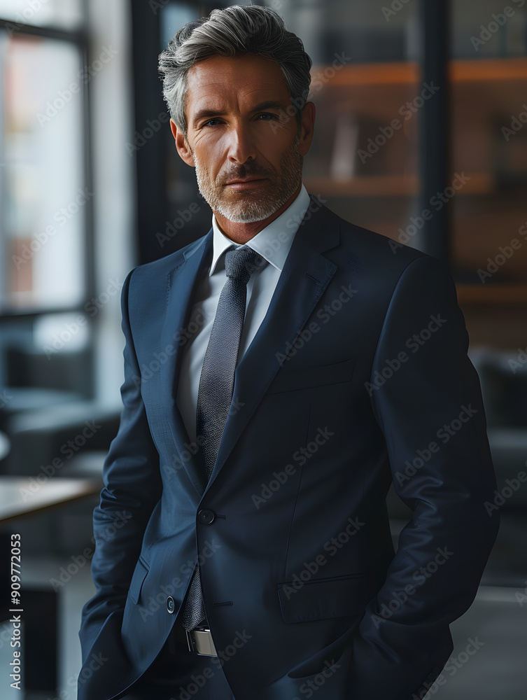 professional grey haired italian businessman wearing tailored dark blue suit white shirt maroon tie posing in classic office professional grey haired italian businessman wearing tailored dark blue suit white shirt maroon tie posing in classic office