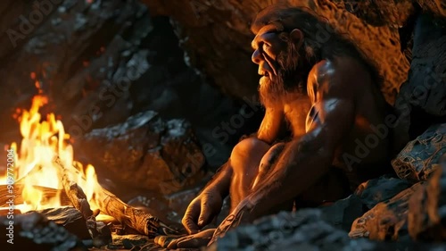 Neanderthal, an ancient man in his cave sitting near a fire.