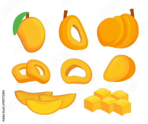 mango set. cartoon fresh tropical fruits collection, organic mango pieces, diet healthy nutrition, delicious exotic sweet mango. vector cartoon set with isolated items.