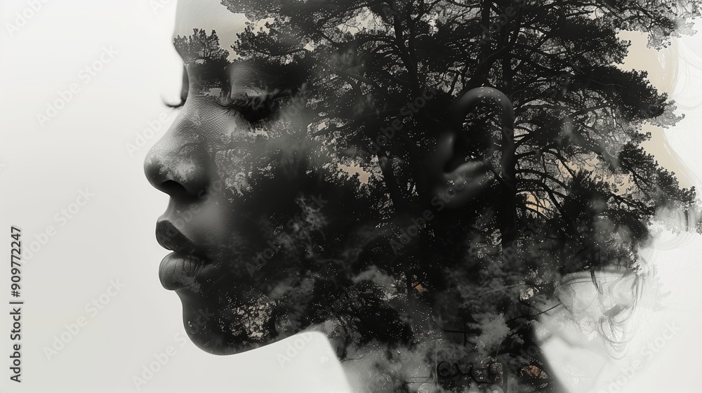 A Serene Profile Silhouette Merging With Nature's Trees Against a Calm Background A Serene Profile Silhouette Merging With Nature's Trees Against a Calm Background