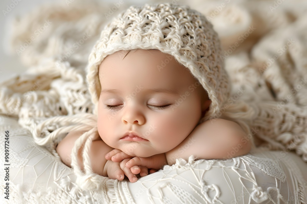 Sleeping Newborn Baby Girl Wearing Knit Hat Sleeping Newborn Baby Girl Wearing Knit Hat