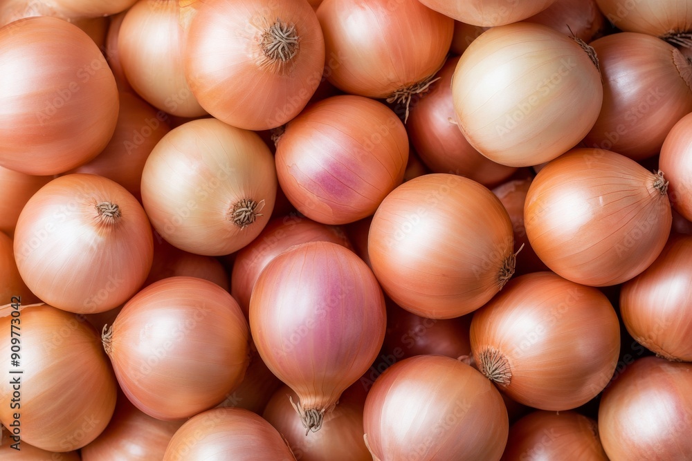 This close-up image captures a pile of fresh, glossy yellow onions, highlighting their smooth texture and delicate layers, typically used in a variety of culinary dishes. This close-up image captures a pile of fresh, glossy yellow onions, highlighting their smooth texture and delicate layers, typically used in a variety of culinary dishes.