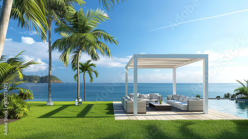 3D render of luxury deck on grass plain with white bio climatic pergola. Cozy sofa set with coffee table, palm trees and relaxing sea view