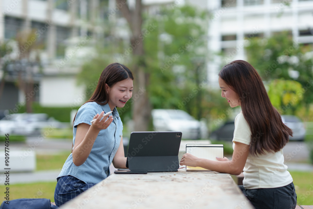 Two young Asian students consult Outdoor learning at university Researching on a laptop Teamwork and knowledge sharing Sitting and chatting happily, happy, relaxed, the concept of outdoor learning. Two young Asian students consult Outdoor learning at university Researching on a laptop Teamwork and knowledge sharing Sitting and chatting happily, happy, relaxed, the concept of outdoor learning.
