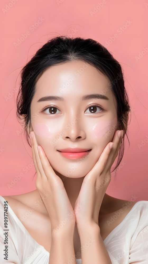 Beautiful Asian Woman Applying Skin Care Cream On Pink Background Beautiful Asian Woman Applying Skin Care Cream On Pink Background