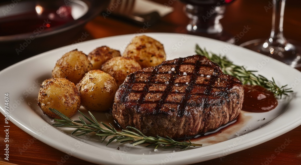 The perfect fine dining and culinary arts photograph featuring a premium filet mignon steak with roasted potatoes and red wine reduction The perfect fine dining and culinary arts photograph featuring a premium filet mignon steak with roasted potatoes and red wine reduction