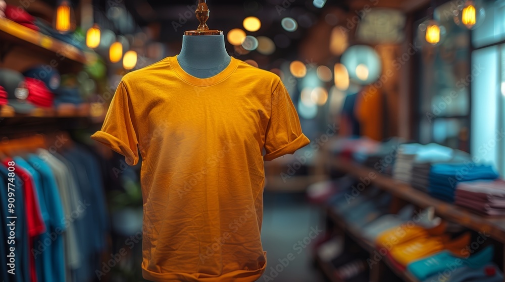 Obraz premium Bright Yellow T-Shirt Displayed in A Clothing Store During Evening Hours
