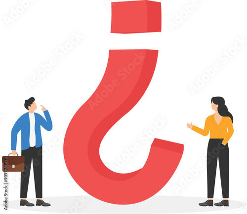 a man and a woman are looking at an inverted question mark, a difficult question or complex issue
