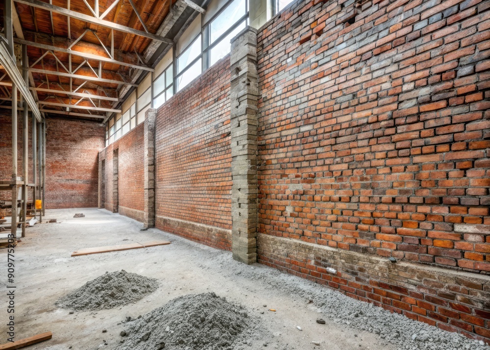 Rough, unfinished brick cement walls with exposed aggregate and irregular surfaces, awaiting plastering or finishing, in a coarse, raw, and unrefined industrial setting. Rough, unfinished brick cement walls with exposed aggregate and irregular surfaces, awaiting plastering or finishing, in a coarse, raw, and unrefined industrial setting.