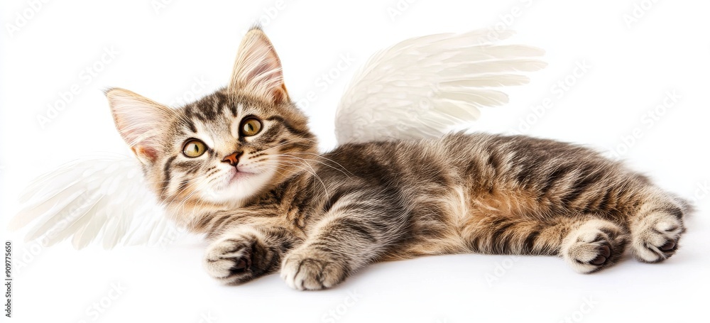 Isolated on white background, a cute lying grey cat with angel wings is shown in a close-up frontal view Isolated on white background, a cute lying grey cat with angel wings is shown in a close-up frontal view