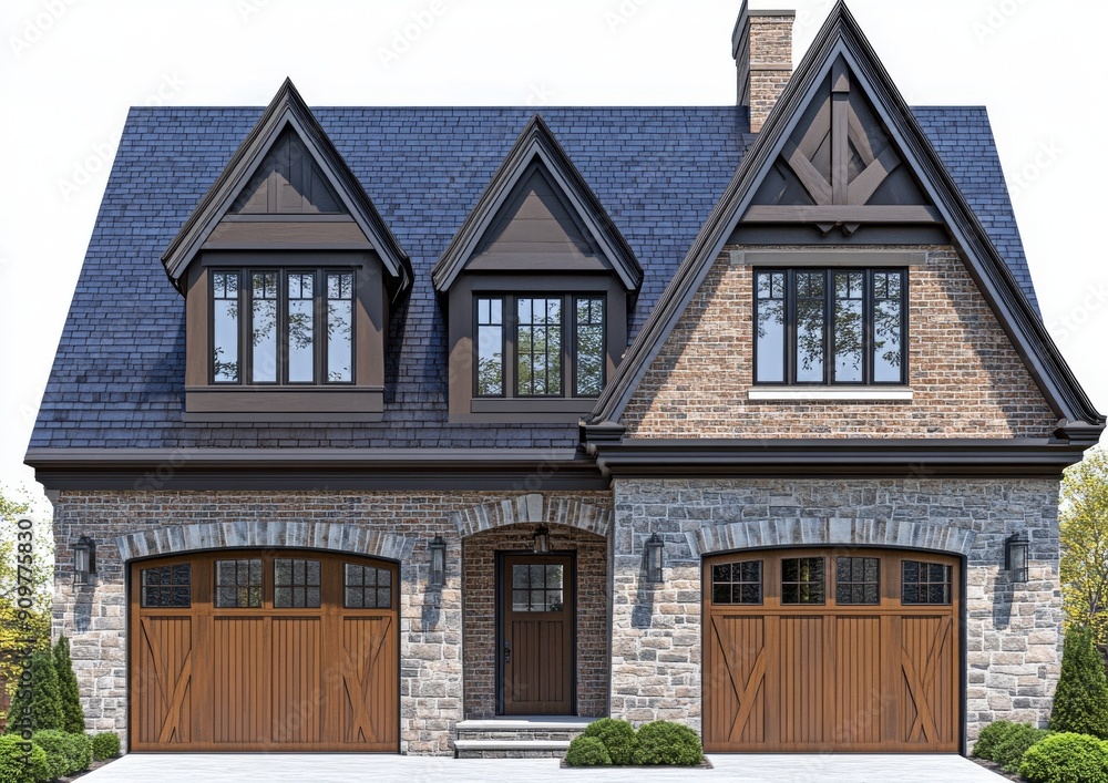 View of the front of a luxury brickwall house isolated on a transparent background View of the front of a luxury brickwall house isolated on a transparent background