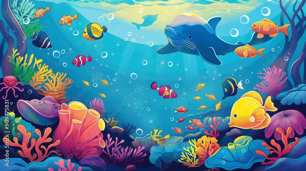 A colorful underwater scene with a variety of fish and a dolphin A colorful underwater scene with a variety of fish and a dolphin