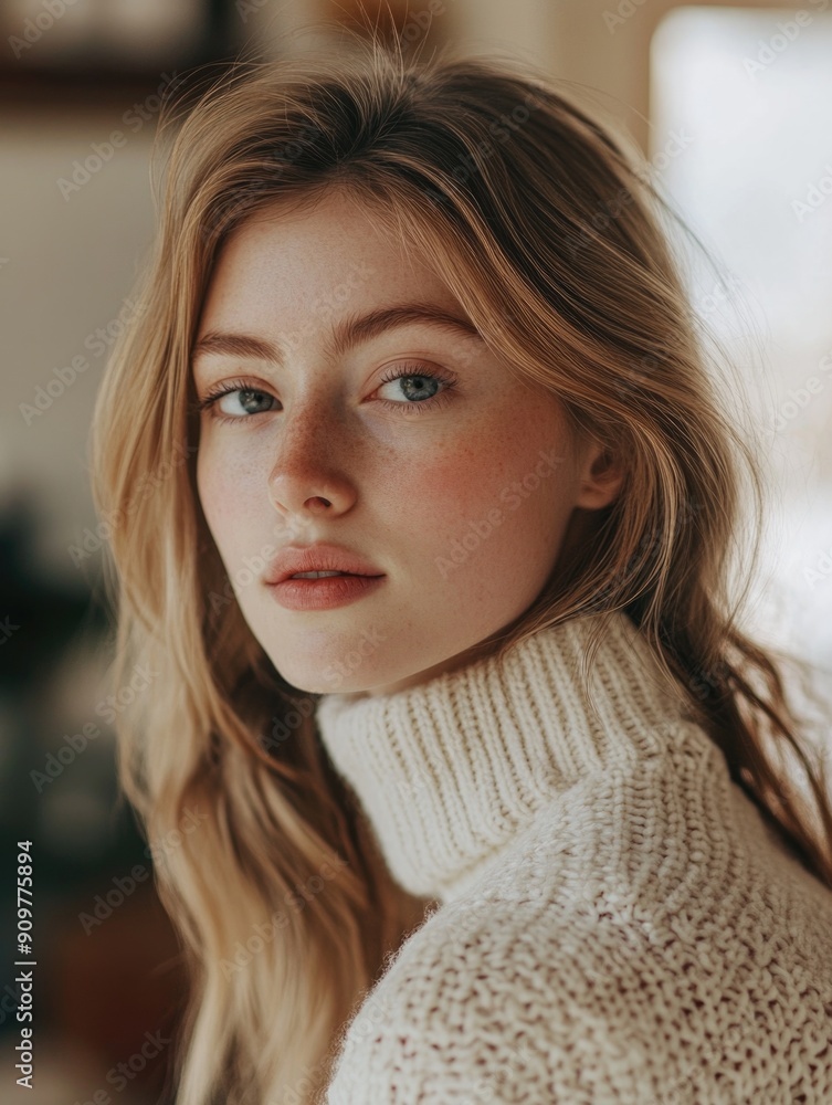 A woman with long hair and a turtle neck sweater, perfect for casual or formal occasions A woman with long hair and a turtle neck sweater, perfect for casual or formal occasions