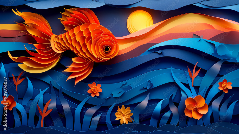 Paper cut design of fish, colorful vibrant card for children, copy space banner Paper cut design of fish, colorful vibrant card for children, copy space banner