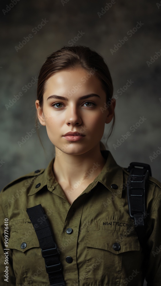 young woman soldier on office background with copy space portrait young woman soldier on office background with copy space portrait