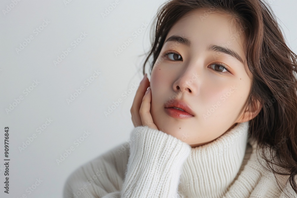 A beautiful Asian female model with long hair touching her face, posing on a white background.. She is wearing a white turtleneck sweater A beautiful Asian female model with long hair touching her face, posing on a white background.. She is wearing a white turtleneck sweater