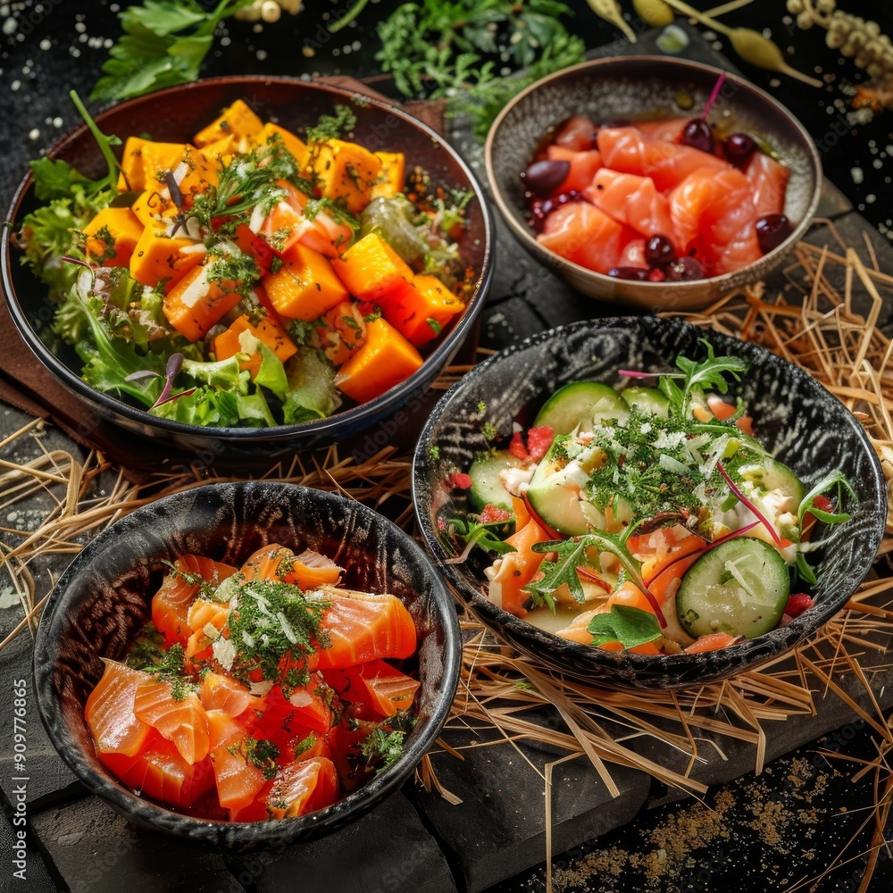 Herb Cheese Vegetable Salad, Baked Pumpkin Salat, Raw Smoked Salmon Restaurant Starter Menu Herb Cheese Vegetable Salad, Baked Pumpkin Salat, Raw Smoked Salmon Restaurant Starter Menu