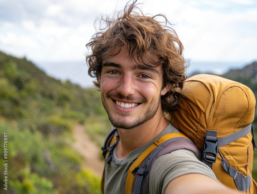 A person posing for a selfie while wearing a backpack, great for travel or outdoor adventure themes A person posing for a selfie while wearing a backpack, great for travel or outdoor adventure themes
