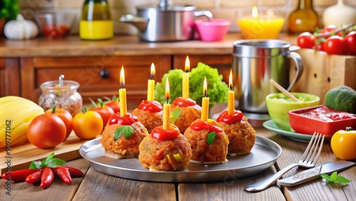 Colorful toy candles shaped into oversized meatballs sit on a playful kitchen table, surrounded by utensils and a pretend culinary setup for imaginative play. photo