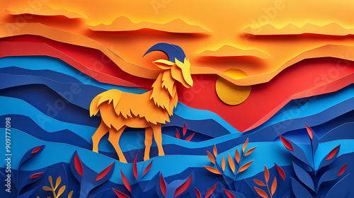 Paper cut design of goat, colorful vibrant card for children, copy space banner