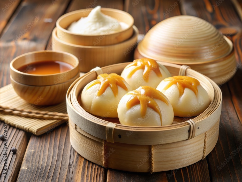 Freshly steamed mantou buns served with a side of sweetened condensed milk, a classic Chinese dessert combination that's both comforting and indulgently sweet. Freshly steamed mantou buns served with a side of sweetened condensed milk, a classic Chinese dessert combination that's both comforting and indulgently sweet.