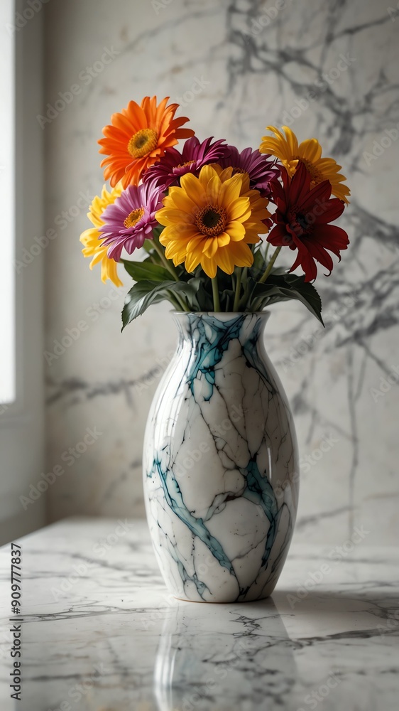 colorful flowers on vase on luxurious white marble table countertop in kitchen background ad concept copy space colorful flowers on vase on luxurious white marble table countertop in kitchen background ad concept copy space