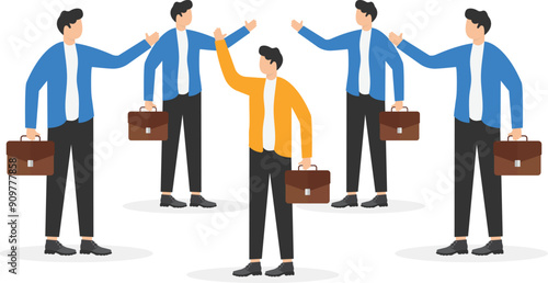 men in business suits criticize a different man from them in a white suit, an isometric image
