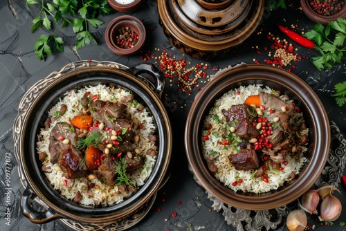 Turshu and Roast Meat, Lamb Pilaf with Dried Fruits, Rice and Herbs on Moss Background, Exquisite Serving photo