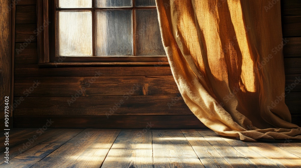 Cozy, warm-toned curtains complementing a rustic wooden interior, with ample space for text. Cozy, warm-toned curtains complementing a rustic wooden interior, with ample space for text.