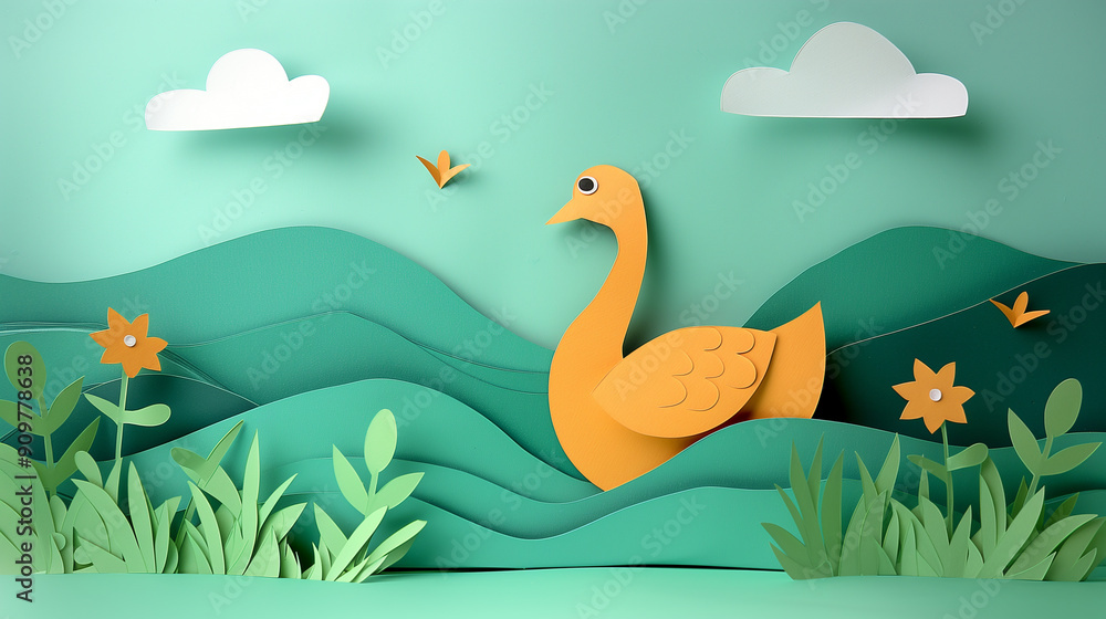 Paper cut design of swan, goose, colorful vibrant card for children, copy space banner Paper cut design of swan, goose, colorful vibrant card for children, copy space banner