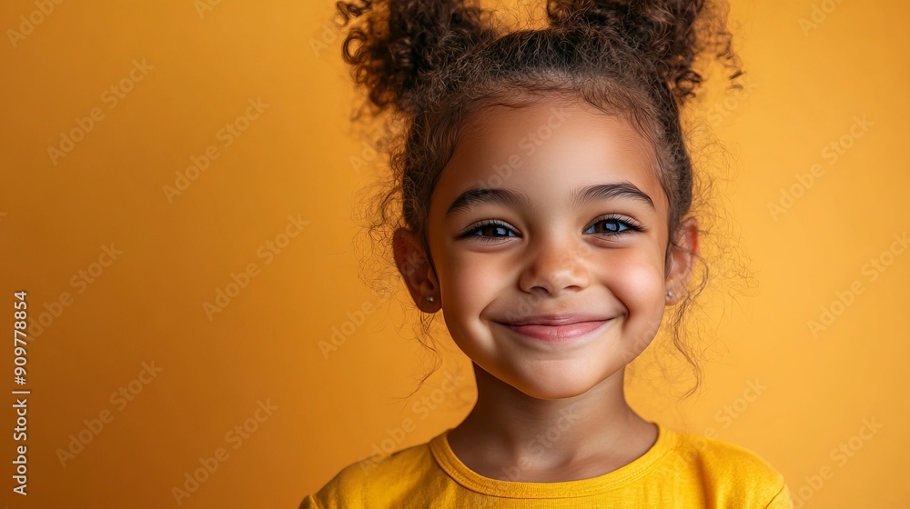 Happy Child Smiling in Front of Bright Yellow Background Happy Child Smiling in Front of Bright Yellow Background