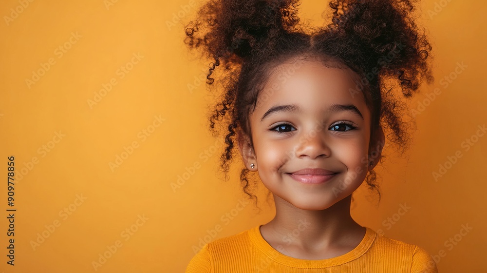Smiling Young Girl With Curly Hair Against Yellow Background Smiling Young Girl With Curly Hair Against Yellow Background