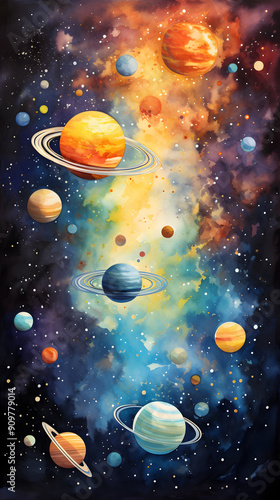 Artistic watercolor universe planet graphic poster background