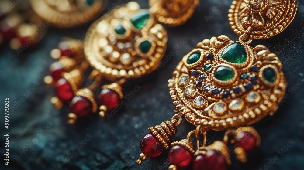 Intricately crafted Indian earrings in a detailed close-up, with ample space on the left for text. Intricately crafted Indian earrings in a detailed close-up, with ample space on the left for text.