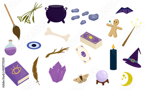 Collection of magic objects. Witchcraft, potion making, spell casting. Cauldron, voodoo doll, witch hat, broom, wand, crystal ball, tarot, spell book. Halloween theme set. Vector