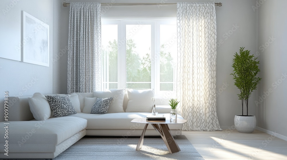 Stylish curtains with geometric patterns enhancing a minimalist living room, with lots of space for text. Stylish curtains with geometric patterns enhancing a minimalist living room, with lots of space for text.
