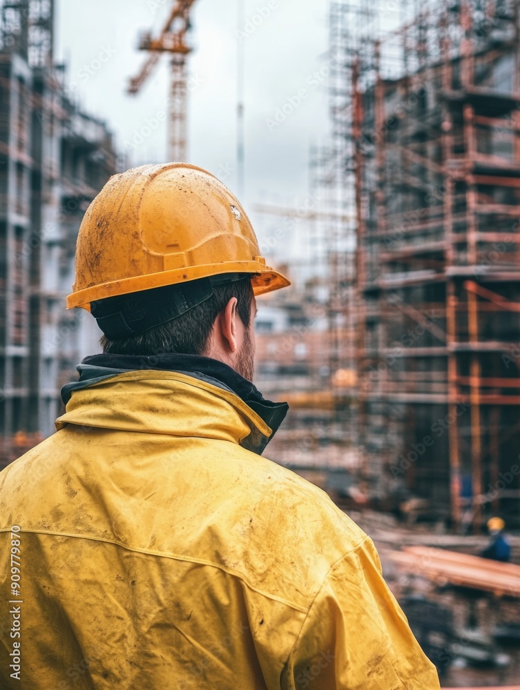 A person wearing a hard hat observing a construction site, great for use in industry or work-related context A person wearing a hard hat observing a construction site, great for use in industry or work-related context