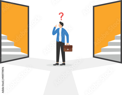 Businessman thinking between two directions with question mark. Concept of decision making in face of uncertainty, process of choosing between two options, and navigating difficult situations

