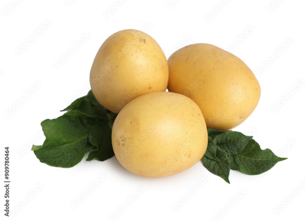 Fresh raw potatoes and green leaves isolated on white Fresh raw potatoes and green leaves isolated on white