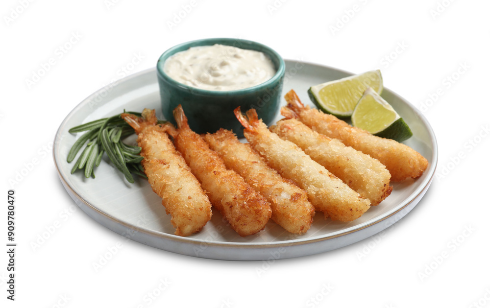 Delicious breaded fried shrimps with sauce and lime isolated on white Delicious breaded fried shrimps with sauce and lime isolated on white