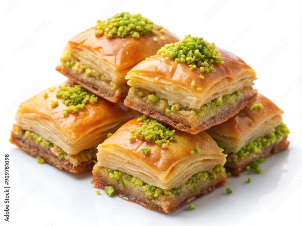 Vibrant Turkish pistachio baklava, crunchy phyllo layers filled with fresh pistachios, sweet honey, and spices, isolated on a pure white background, perfect for foodie delights. Vibrant Turkish pistachio baklava, crunchy phyllo layers filled with fresh pistachios, sweet honey, and spices, isolated on a pure white background, perfect for foodie delights.