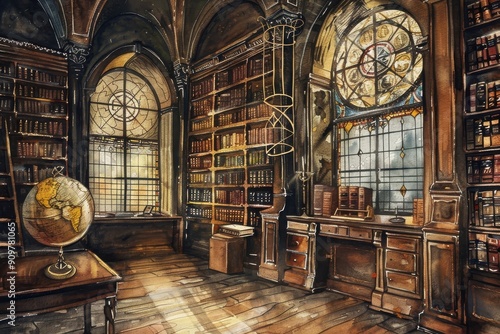 A Grand Library of Knowledge  A captivating scene of a grand library filled with towering bookshelves  a globe  and a stained glass window - a symbol of exploration and learning.  