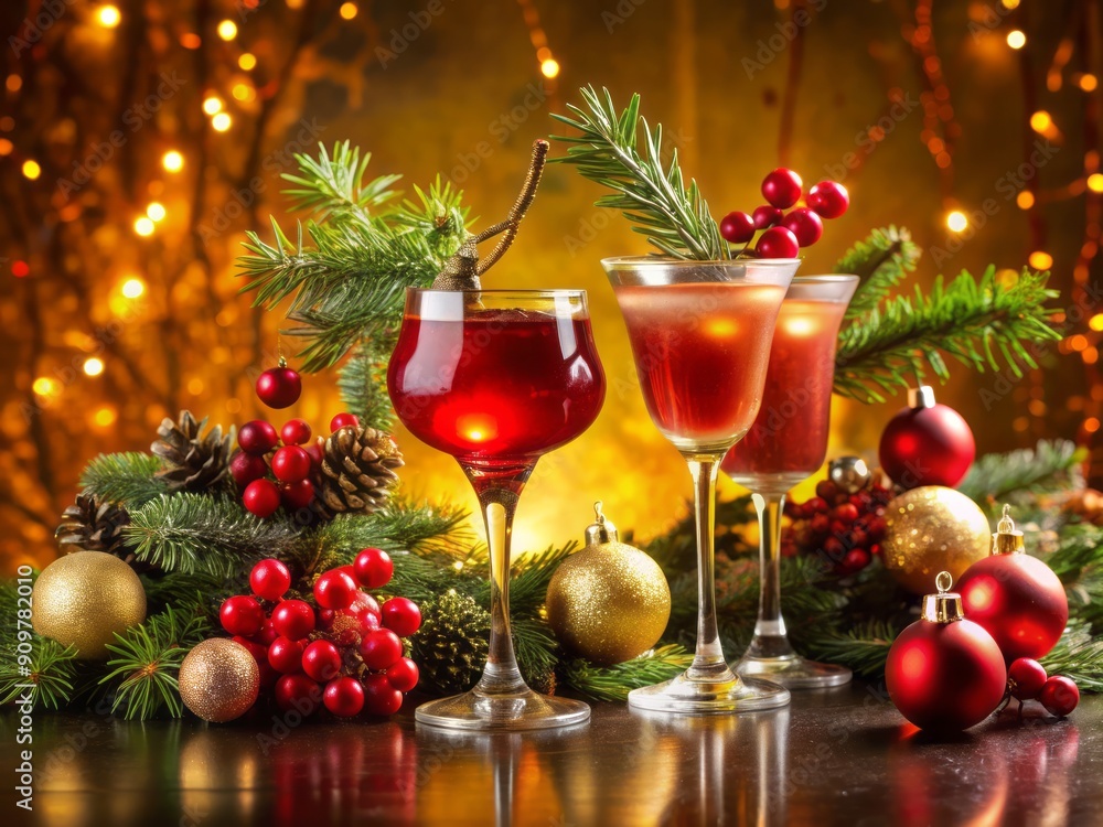 Festive holiday gathering features a trio of decadent cocktails, adorned with fir branches and decorations, set against a vibrant red and gold background, perfect for celebrating. Festive holiday gathering features a trio of decadent cocktails, adorned with fir branches and decorations, set against a vibrant red and gold background, perfect for celebrating.