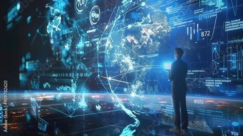 Businessman analyzing data visualized on a futuristic digital interface, representing global network