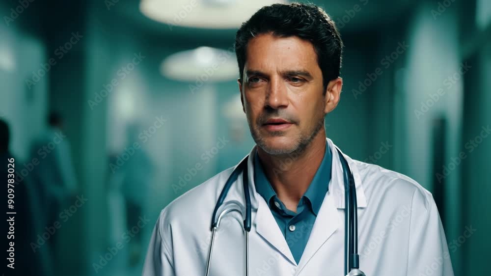 A man in a white lab coat is standing in a hallway. He is wearing a stethoscope and he is a doctor. A man in a white lab coat is standing in a hallway. He is wearing a stethoscope and he is a doctor.
