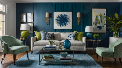 Farmhouse Living Room with blue Cladding wall and Elegant Corner Sofa