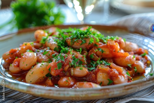 A plate of gigantes plaki, giant beans baked in a rich tomato sauce with onions and herbs, garnished with fresh parsley. photo